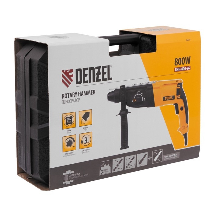 Перфоратор электрический DENZEL RHH-800-26 26607, SDS-plus, 800 Вт, 3 Дж, 4 режима Перфоратор электрический DENZEL RHH-800-26 26607, SDS-plus, 800 Вт, 3 Дж, 4 режима