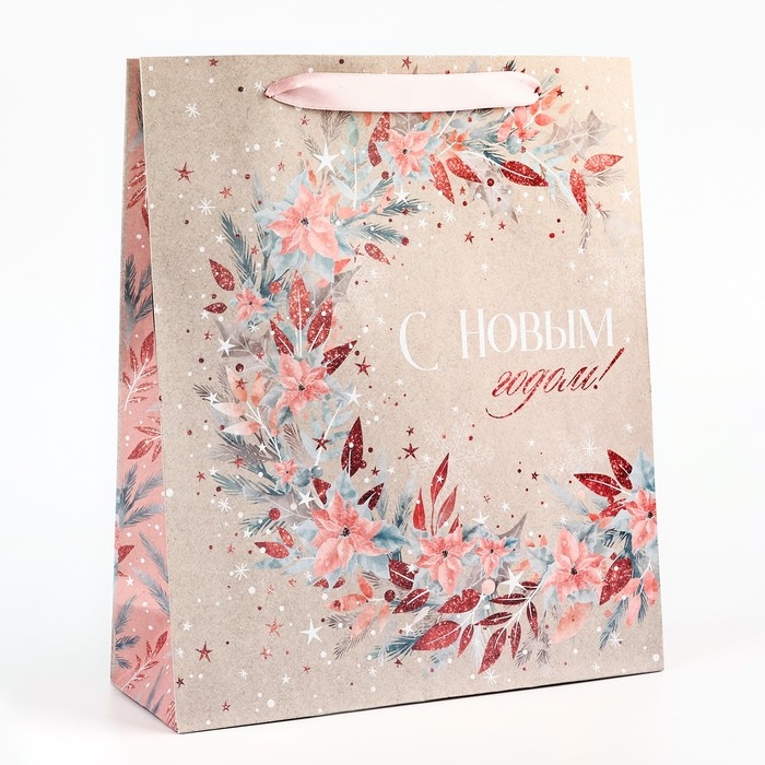 Пакет подарочный новогодний крафтовый вертикальный &laquo;Счастье&raquo;, M 26 х 30 х 9 см, Новый год