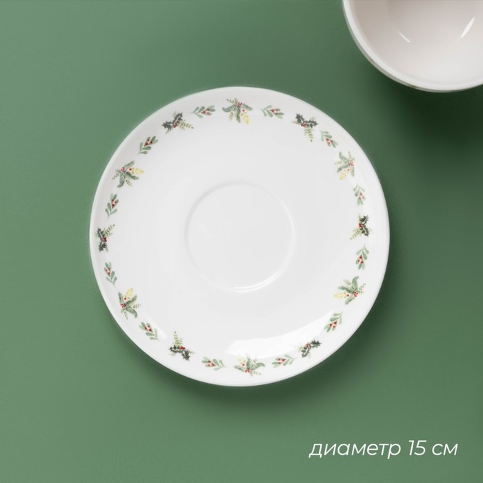 Новогодняя чайная пара Доляна &laquo;Ель&raquo;, 2 предмета: чашка 210 мл, блюдце d=15 см, фарфор, цвет белый