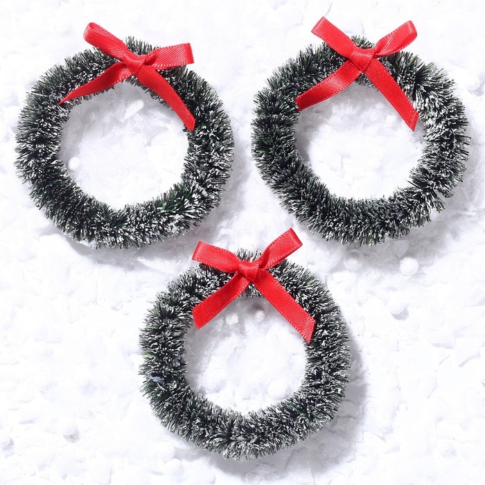 Декор &laquo;Новогодний венок с бантиком&raquo;, набор 3 шт., размер 1 шт. &mdash; 6,5 см, цвет тёмно-зелёный