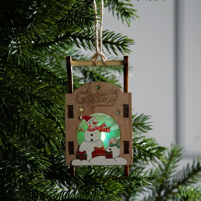 Ёлочная игрушка &laquo;Сани со снеговиком&raquo;, от батареек, свечение RGB