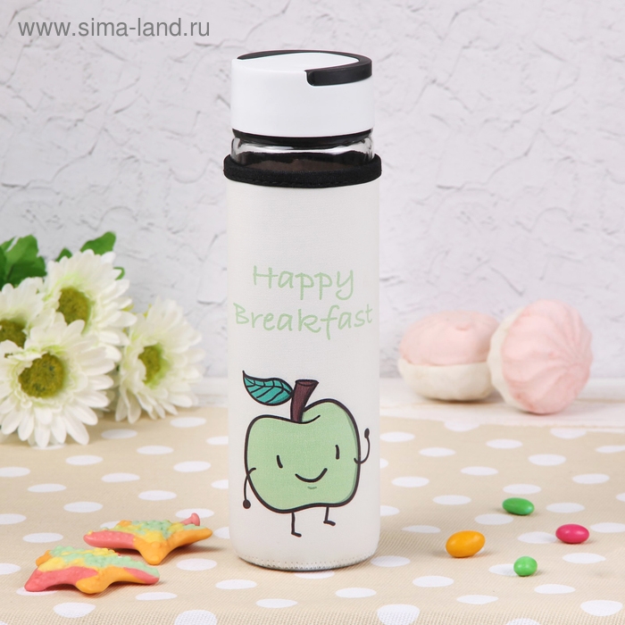 Бутылка для воды стеклянная с ручкой в чехле &laquo;Завтрак&raquo;, 500 мл, h=23,5 см, рисунок МИКС