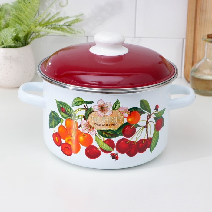 Кастрюля эмалированная &laquo;Черешня&raquo;, 4 л, индукция, цвет белый