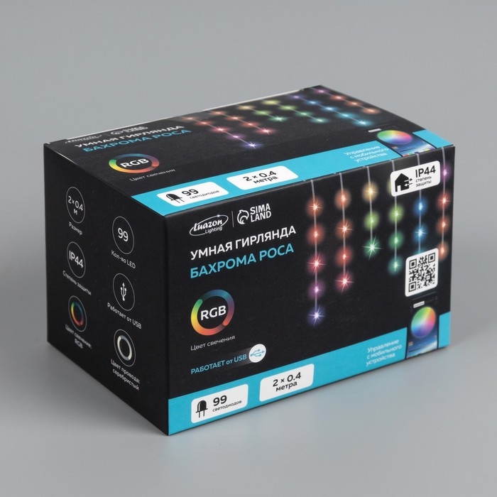 Умная гирлянда &laquo;Бахрома&raquo; 2 &times; 0.4 м роса, IP20, серебристая нить, 99 LED, пульт ДУ, приложение, свечение RGB, USB
