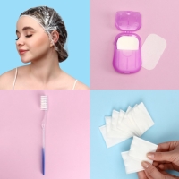 Дорожный набор, 4 предмета, шапочка, щётка, мыло 18 (± 2) листов, ватные диски 10 штук Дорожный набор, 4 предмета, шапочка, щётка, мыло 18 (± 2) листов, ватные диски 10 штук