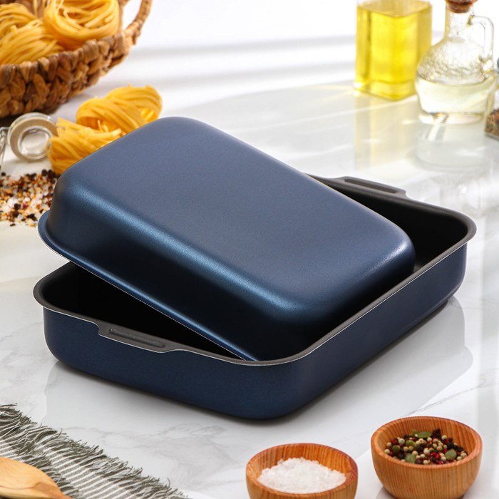 Набор противней с цельными ручками, без крышек, 2 предмета: 19×25 см, 23×30 см, h=6 см, антипригарное покрытие, цвет синий Набор противней с цельными ручками, без крышек, 2 предмета: 19×25 см, 23×30 см, h=6 см, антипригарное покрытие, цвет синий