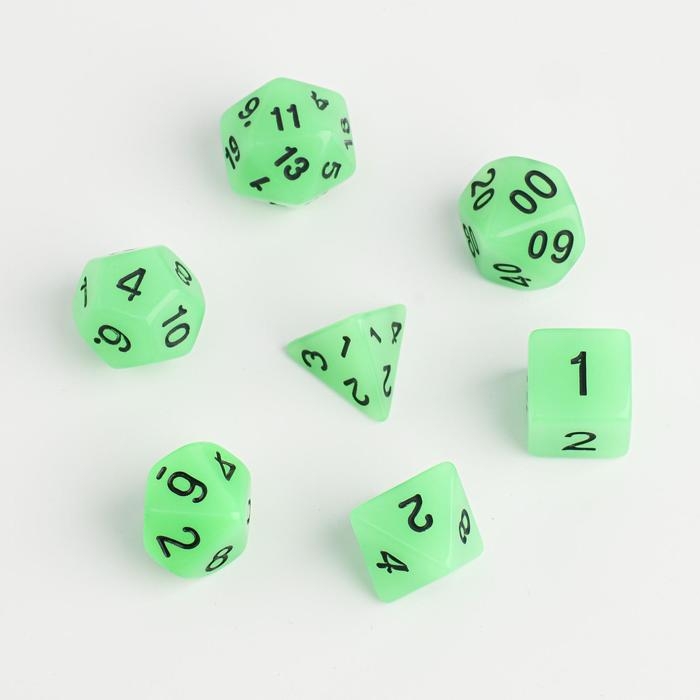 Кости игральные, дайсы для D&D (Dungeons and Dragons, ДнД), D&D, "Сияние", 7 шт, светящиеся