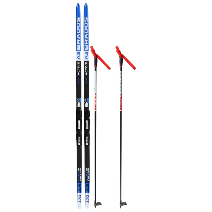 Комплект лыжный: пластиковые лыжи 170 см без насечек, стеклопластиковые палки 130 см, крепления SNS, цвета МИКС Комплект лыжный: пластиковые лыжи 170 см без насечек, стеклопластиковые палки 130 см, крепления SNS, цвета МИКС