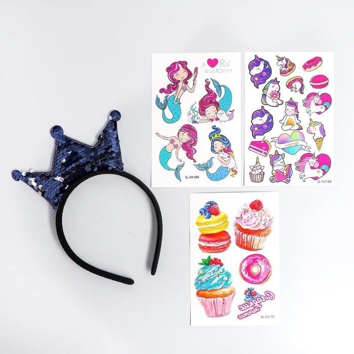 Набор детских татуировок «Милая русалочка», тату — 25 шт., с ободком, 3+ Набор детских татуировок «Милая русалочка», тату — 25 шт., с ободком, 3+