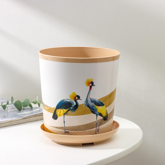 Горшок для цветов с поддоном Доляна &laquo;Каракум. Венценосный журавль&raquo;, 1,6 л, d=14 см, h=15,5 см, цвет бежевый
