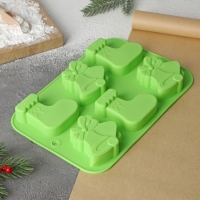 Форма для выпечки новогодняя Доляна &laquo;Новый год. Колокольчики и сапожок&raquo;, силикон, 25,5&times;17 см, 6 ячеек, цвет зелёный