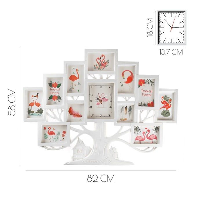 Часы настенные интерьерные, фоторамка - коллаж "Семейное дерево", бесшумные, 82 х 58 см