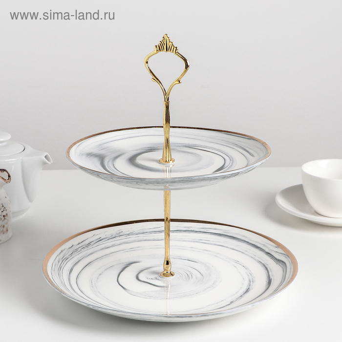 Этажёрка - фруктовница круглая «Мрамор», 2 яруса, d=20,5/25 см, керамика, цвет серый Этажёрка - фруктовница круглая «Мрамор», 2 яруса, d=20,5/25 см, керамика, цвет серый