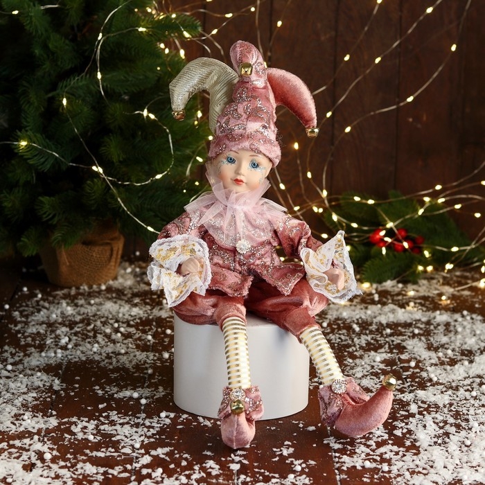 Новогодний шут "В нарядном костюмчике" музыка шевелит головой, 46 см, сиреневый