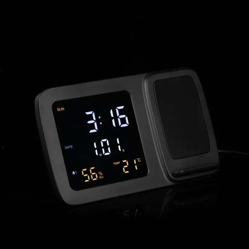 Станция беспроводной зарядки с часами и календарем и подсветкой лого Novem, черная