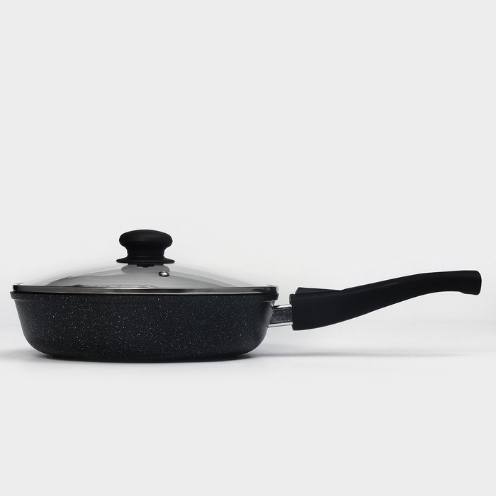 Сковорода Доляна &laquo;Элит&raquo;, d=24 см, пластиковая ручка, стеклянная крышка, антипригарное покрытие, цвет чёрный