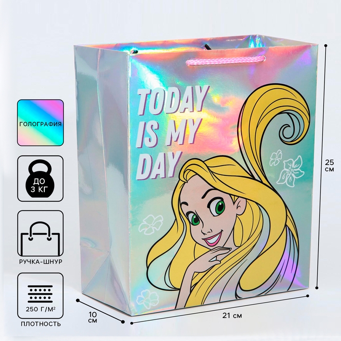 Пакет голография горизонтальный Today is my day, Принцессы, 25 х 21 х 10 см
