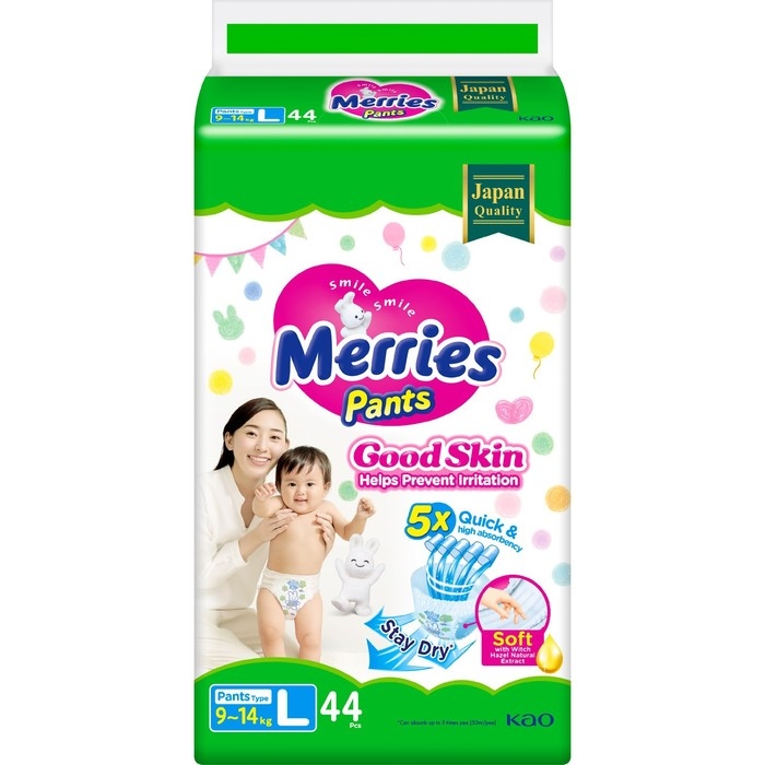 Подгузники-трусики Merries Good Skin, L 9-14 кг, 44 шт