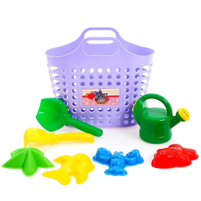 Песочный набор из 8 предметов: сумка-корзина, лейка-мини 0,5 Л, совок L16см. грабли, формочки 4 шт. Песочный набор из 8 предметов: сумка-корзина, лейка-мини 0,5 Л, совок L16см. грабли, формочки 4 шт.