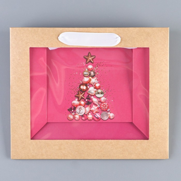Пакет подарочный новогодний крафтовый с пластиковым окном &laquo;Новогодние шары&raquo;, 24 х 20 х 11см