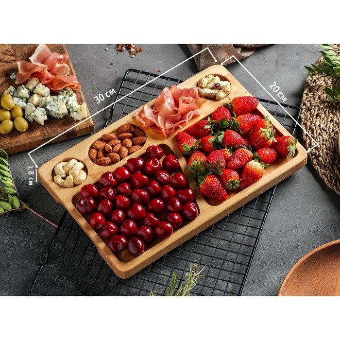 Менажница прямоугольная, 30&times;20&times;1,8 см, 6 секций, берёза