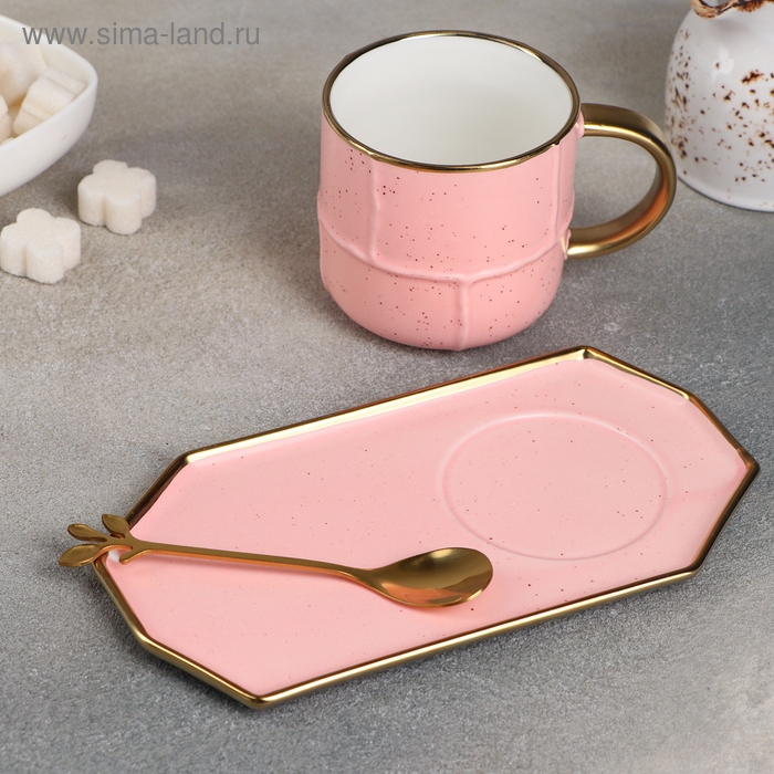 Чайная пара керамическая с ложкой «Весна», 2 предмета: кружка 300 мл, блюдце, цвет розовый Чайная пара керамическая с ложкой «Весна», 2 предмета: кружка 300 мл, блюдце, цвет розовый