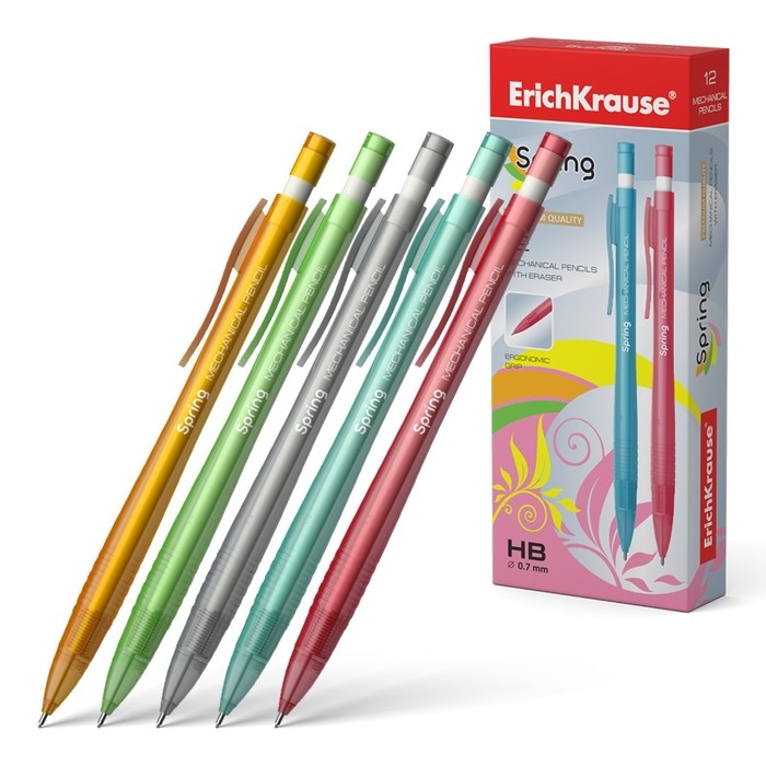 Карандаш механический с ластиком ErichKrause Карандаш механический с ластиком ErichKrause "Spring", НВ, грифель d=0.7 мм, в коробке, микс