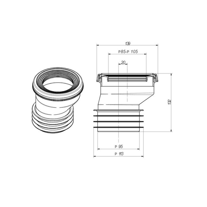 Труба фановая для унитаза ORIO С-9970, эксцентрическая, 20 мм, с манжетой, L=132 мм Труба фановая для унитаза ORIO С-9970, эксцентрическая, 20 мм, с манжетой, L=132 мм