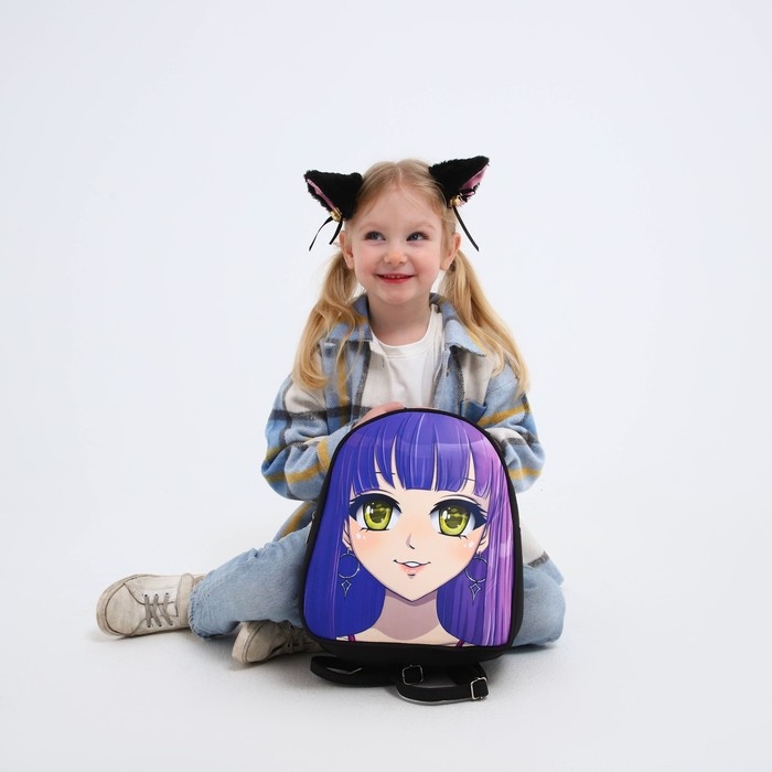 Рюкзак школьный текстильный с ушками на заколках &laquo;Аниме&raquo;, 27х23 см, чёрный/фиолетовый