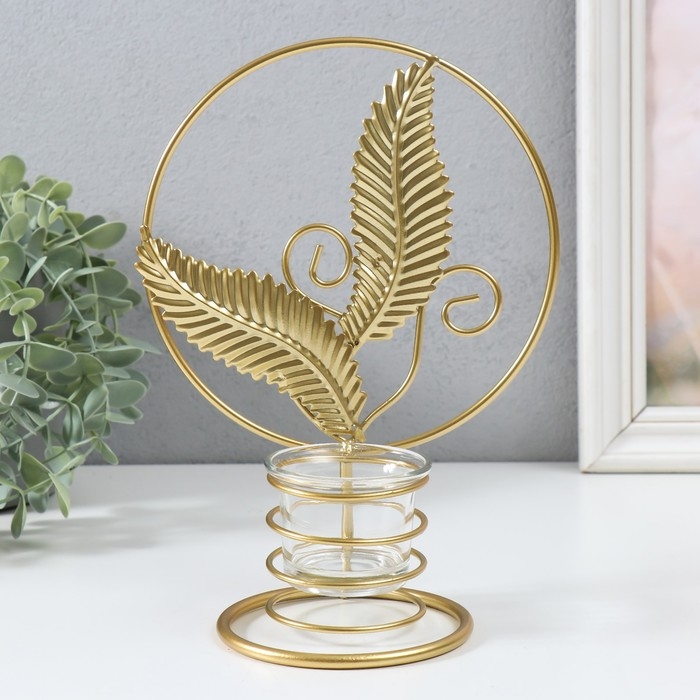 Подсвечник металл на 1 свечу Подсвечник металл на 1 свечу "Золотые листья в круге" d=4,5 см золото 16х9,5х21 см
