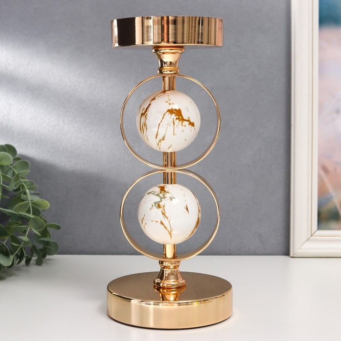 Подсвечник металл на 1 свечу Подсвечник металл на 1 свечу "Два белых мраморных шара в сферах" золото 27х12х12 см