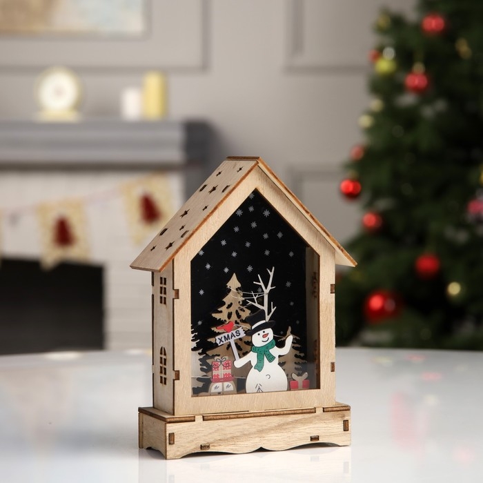 Светодиодная фигура &laquo;Домик со Снеговиком&raquo; 16 &times; 11 &times; 4.5 см, дерево, батарейки АААх2 (не в комплекте), свечение тёплое белое