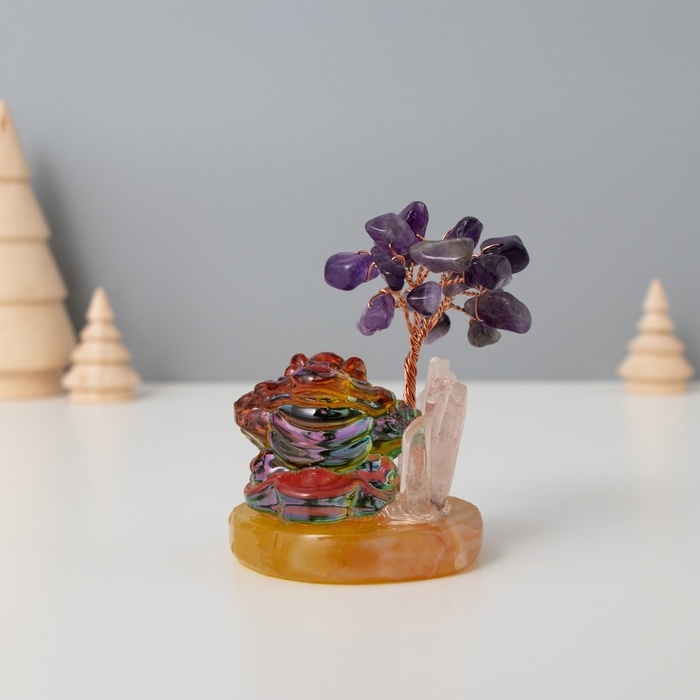 Сувенир стекло, металл Сувенир стекло, металл "Деревце под защитой жабы" 18 камней, фиолетовый 5,5х5,5х9 см