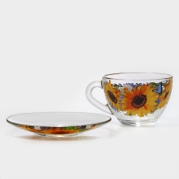 Чайная пара &laquo;Подсолнух&raquo;,стеклянная, чашка+блюдце, 200 мл, d=92 мм