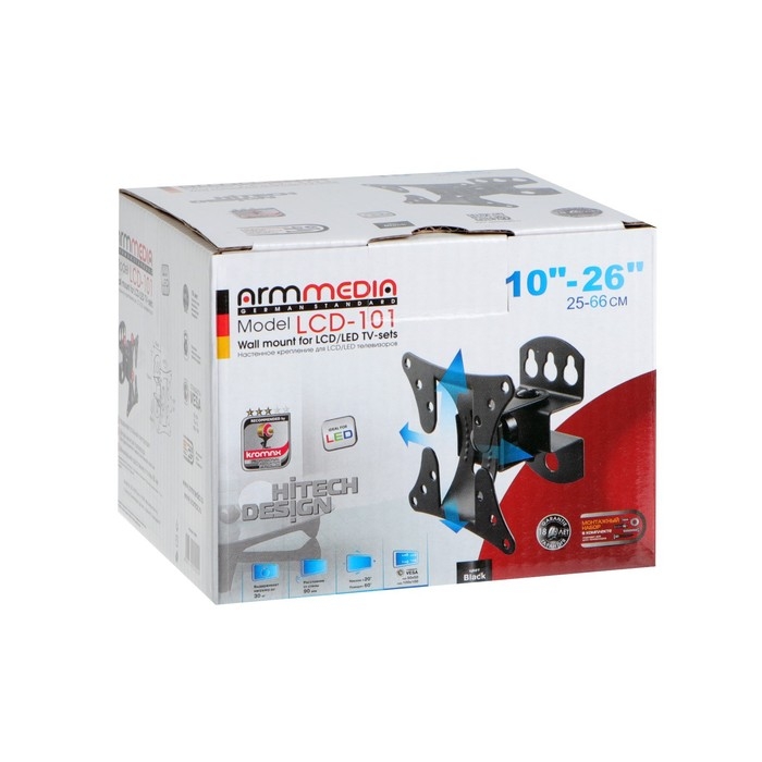 Кронштейн ARM Media LCD-101, для ТВ, наклонно-поворотный, 10-26 Кронштейн ARM Media LCD-101, для ТВ, наклонно-поворотный, 10-26", 90 мм от стены, черный