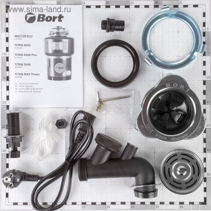 Измельчитель пищевых отходов Bort TITAN 4000, 390 Вт, 3 ступени, 4.2 кг/мин, 90 мм, серый