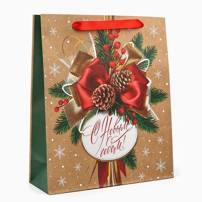 Пакет подарочный новогодний крафтовый вертикальный &laquo;С Новым годом&raquo;, M 26 х 30 х 9 см , Новый год