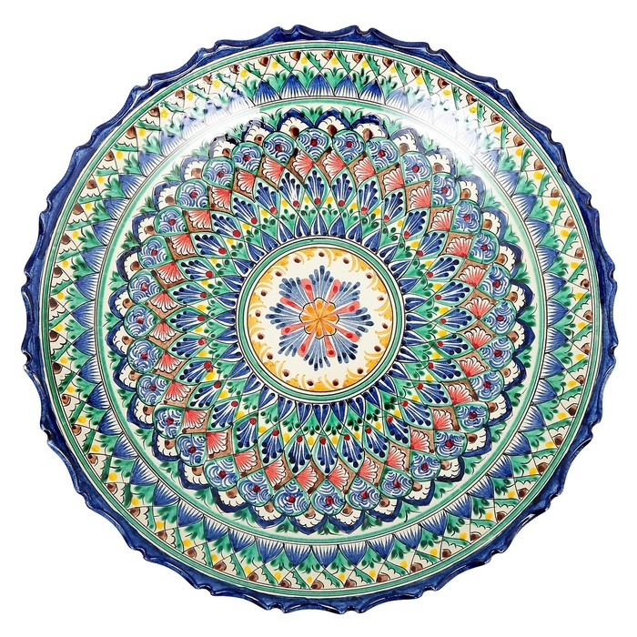 Ляган Риштанская Керамика "Узоры", 42 см, синий, рифлённый