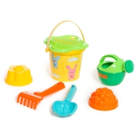 Песочный набор: ведро с наклейкой, ситечко-цветок, совок, грабельки, 2 формочки, лейка