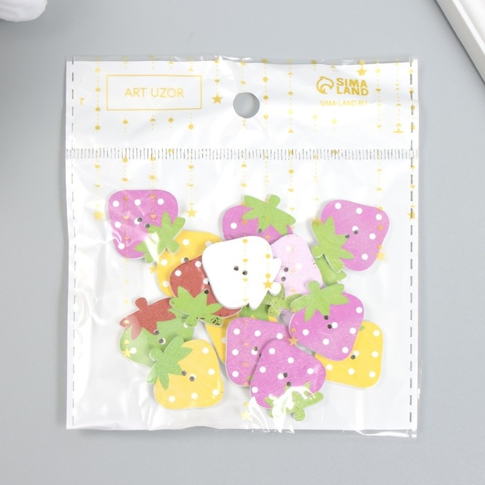 Пуговицы дерево для творчества 2 прокола "Клубника" набор 15 шт МИКС 2,5х2,2 см