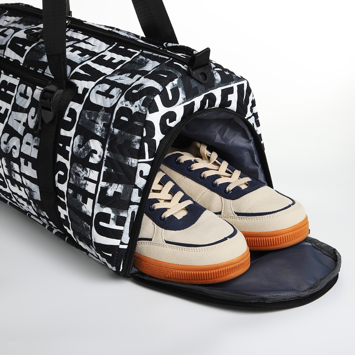 Сумка спортивная на молнии, отдел для обуви, 2 наружных кармана, длинный ремень, средний размер, цвет чёрный/белый Сумка спортивная на молнии, отдел для обуви, 2 наружных кармана, длинный ремень, средний размер, цвет чёрный/белый