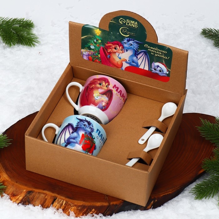 Подарочный набор новогодний из керамики &laquo;Мама, папа, с Новым годом!&raquo;, кружка 180 мл. 2 шт., ложка 2 шт., цвет белый