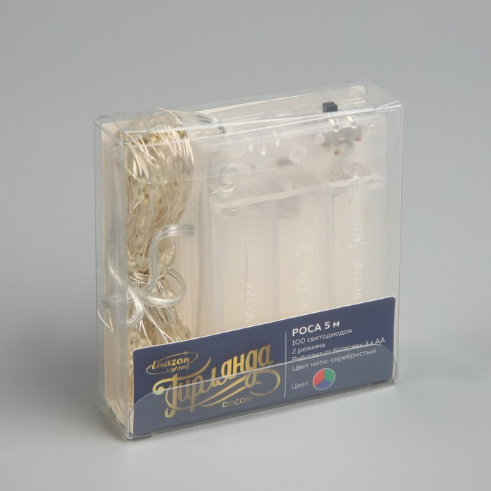 Гирлянда &laquo;Нить&raquo; 5 м роса, IP20, серебристая нить, 100 LED, 2 режима, батарейки AAх3 (нет в комплекте), свечение мульти (RGB)