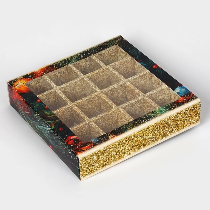 Новый год. Коробка под 16 конфет Новый год. Коробка под 16 конфет "С Новым годом!", 17,7х17,7х3,8 см, кондитерская упаковка