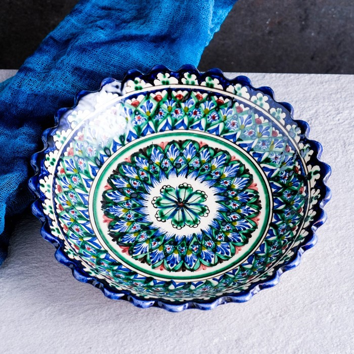 Тарелка Риштанская Керамика Тарелка Риштанская Керамика "Узоры", синяя, глубокая, микс, 20 см