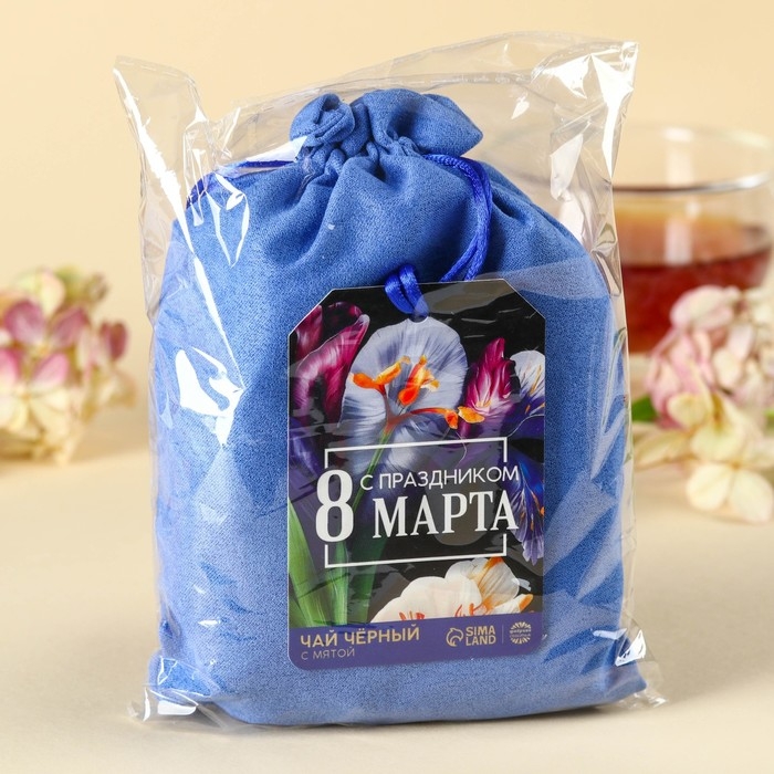 Чай чёрный &laquo;С праздником 8 марта&raquo; в подарочном мешочке, вкус: мята, 100 г.