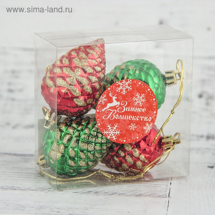 Украшение ёлочное "Шишка с золотинкой" (набор 4 шт) 5х4 см, красный зелёный