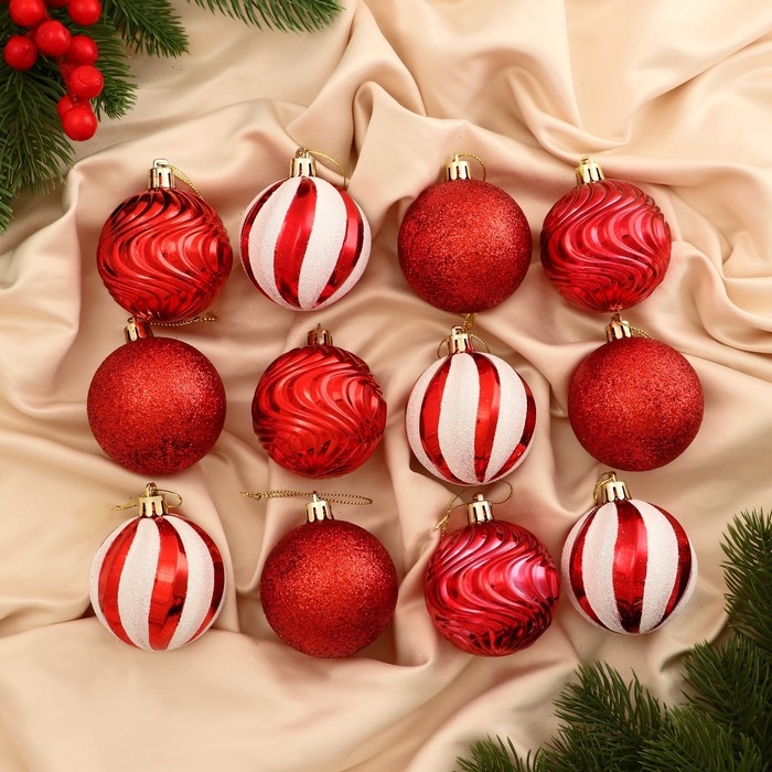 Набор шаров пластик d-6 см, 12 шт "Мелодия" полосы, бело-красный