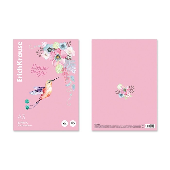 Бумага для акварели А3, 20 листов, ErichKrause Бумага для акварели А3, 20 листов, ErichKrause "Колибри", блок 180 г/м², 100% белизна, картонная папка