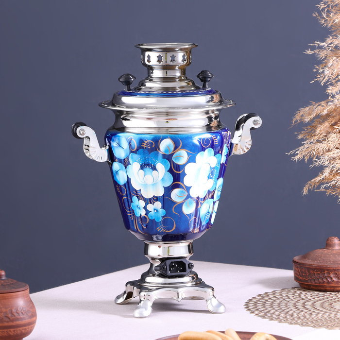 Набор &laquo;Жостово на синем&raquo;, рюмка, 3 предмета, самовар 3 л, заварочный чайник 0,7 л, поднос